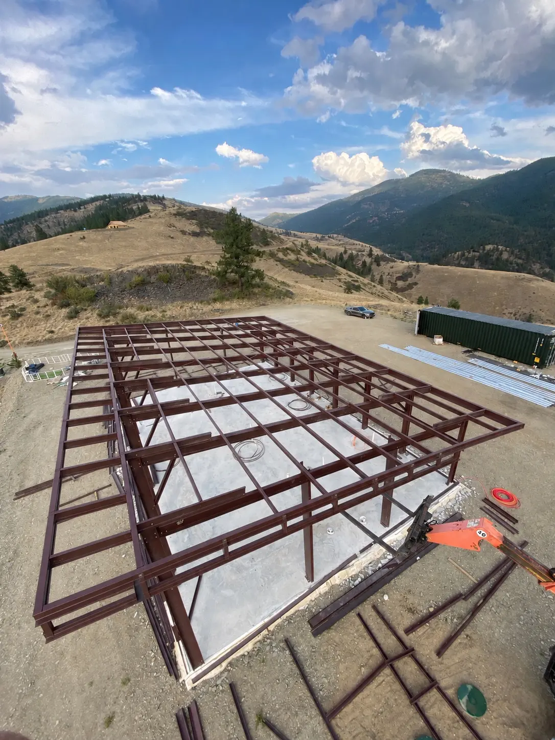 Steel frame erected on a mountain project site